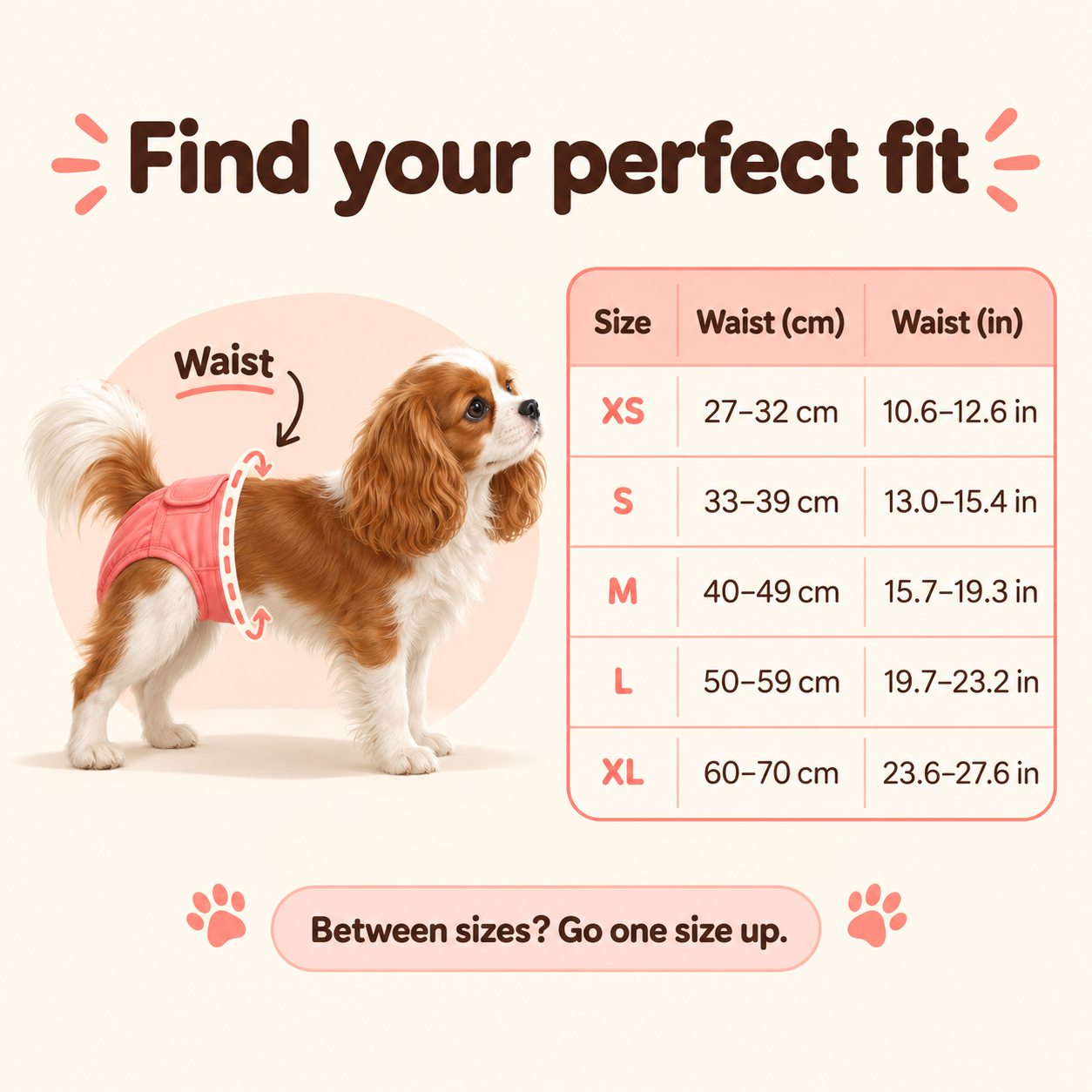 Snugtail waist size guide, XS to XL, with measurements in centimeters and inches