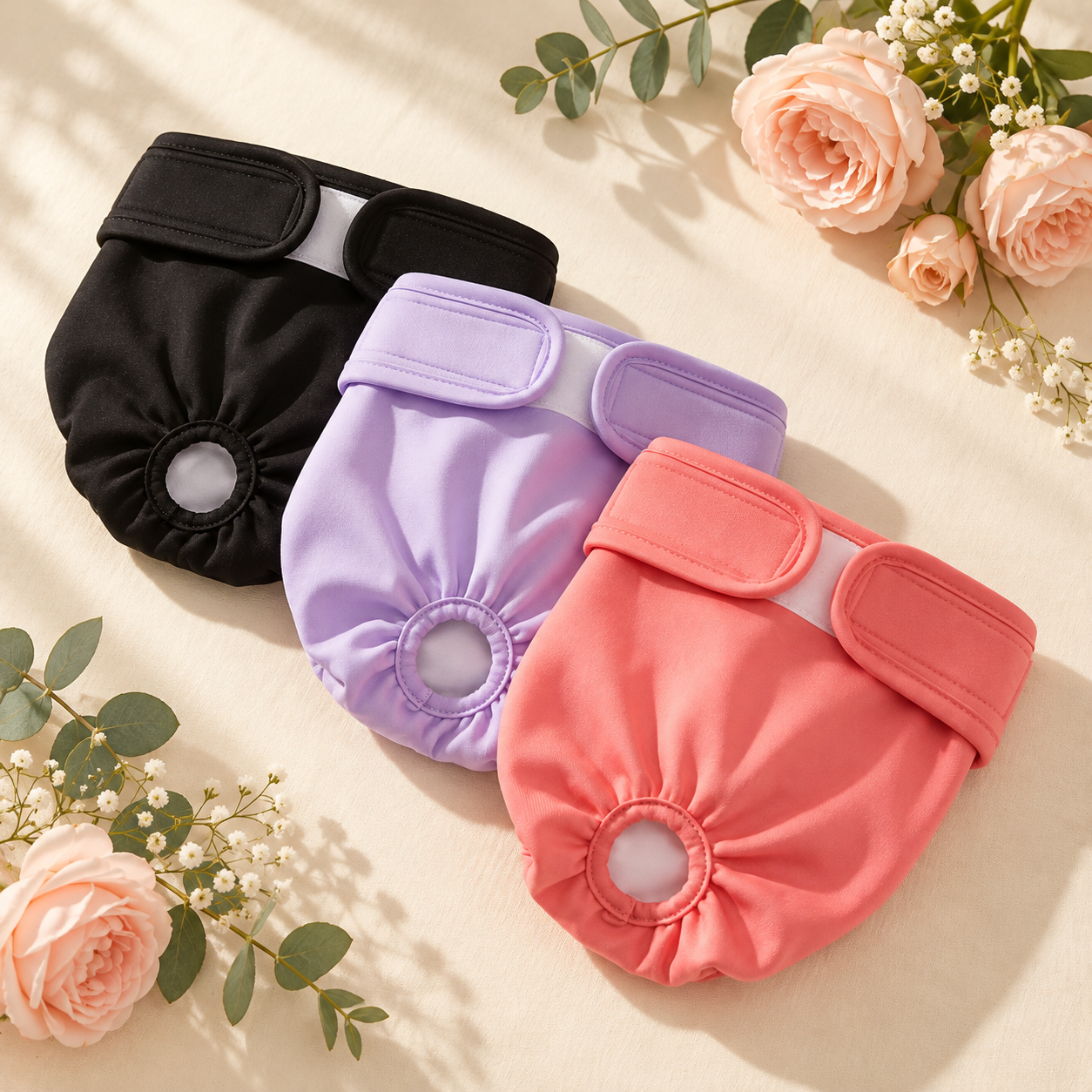 Snugtail diapers in Black, Purple and Pink