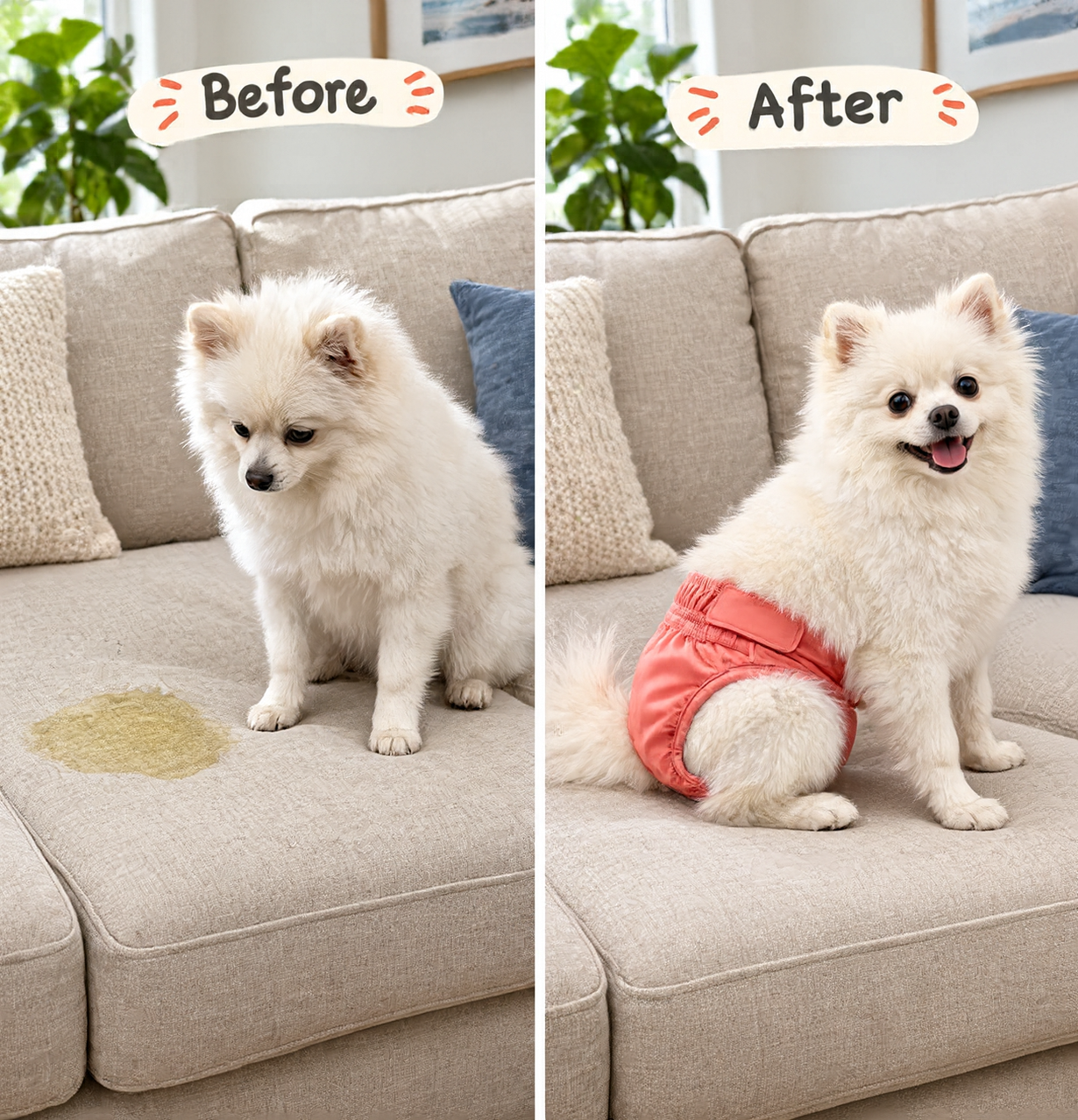 Before-and-after illustration of a dog on a couch, with a pink diaper in the after scene