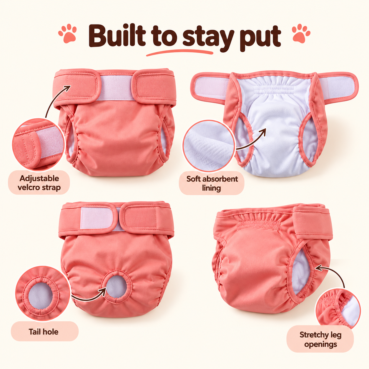 Pink diaper showing adjustable velcro straps, soft lining, tail hole and stretchy leg openings